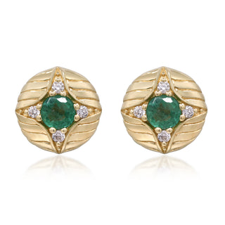 Emerald Halo Carved Dome Earrings with Emeralds & Diamonds